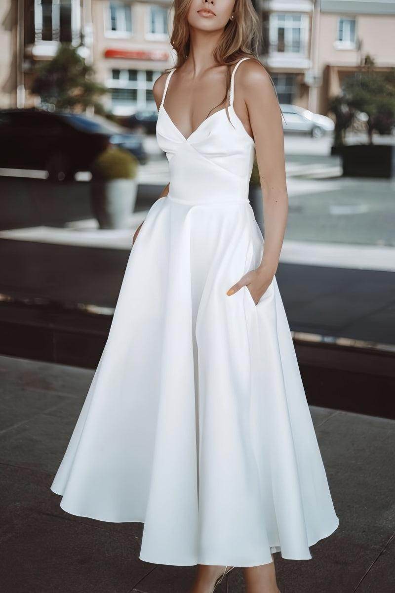 Satin Tea-Length Little White Dress with Pockets CW3379 - COCOMELODY